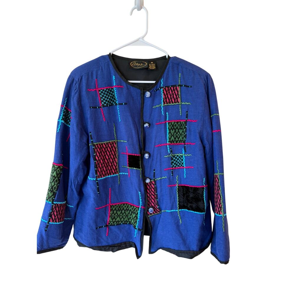 Alex Kim Multicolor Embroidered Patchwork Button … - image 1